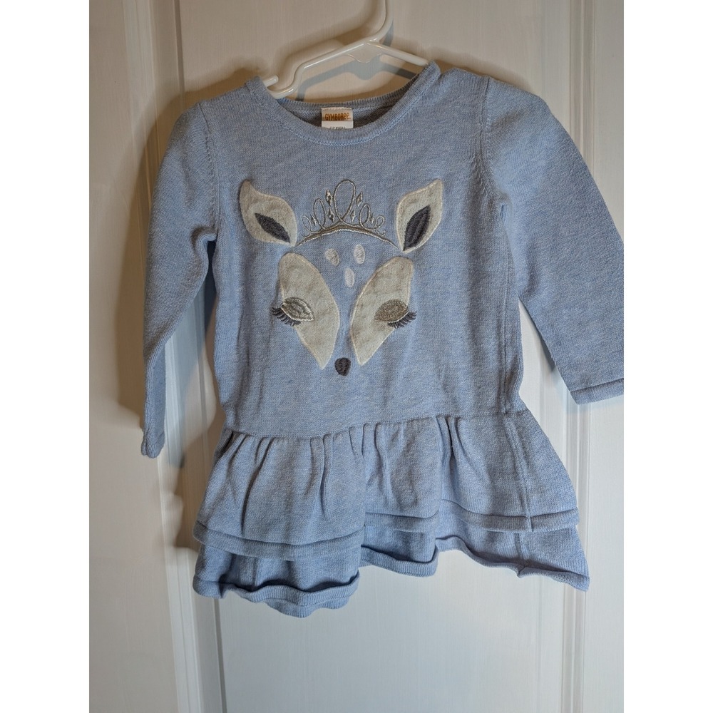 Gymboree Girls Light Blue Deer Tiara Knit Sweater Dress 18-24 Months Ruffle Hem